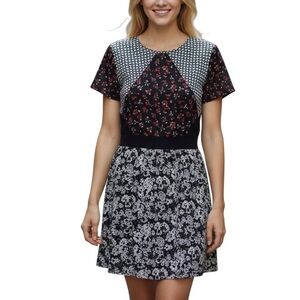 Angie Boho Floral Sheer Mixed Patterns Short Sleeve Mini Dress Large Black White